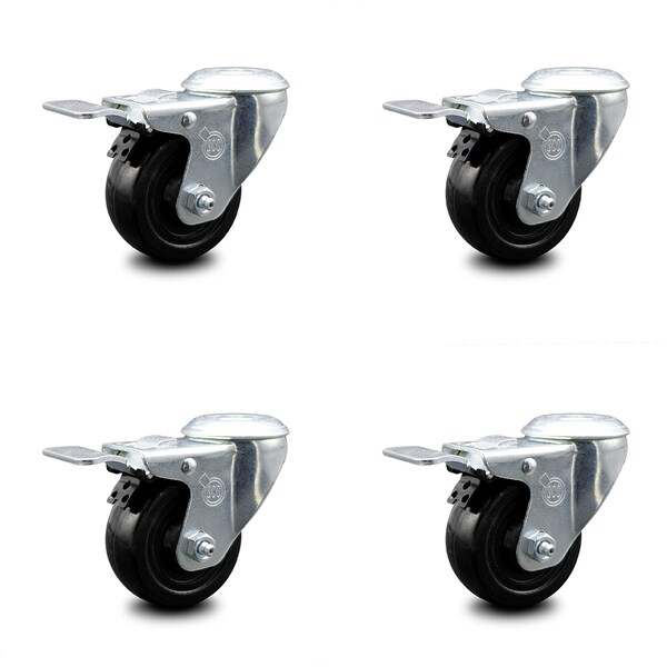 3.5 Inch Hard Rubber Wheel Swivel Bolt Hole Caster Set with Total Lock Brake SCC